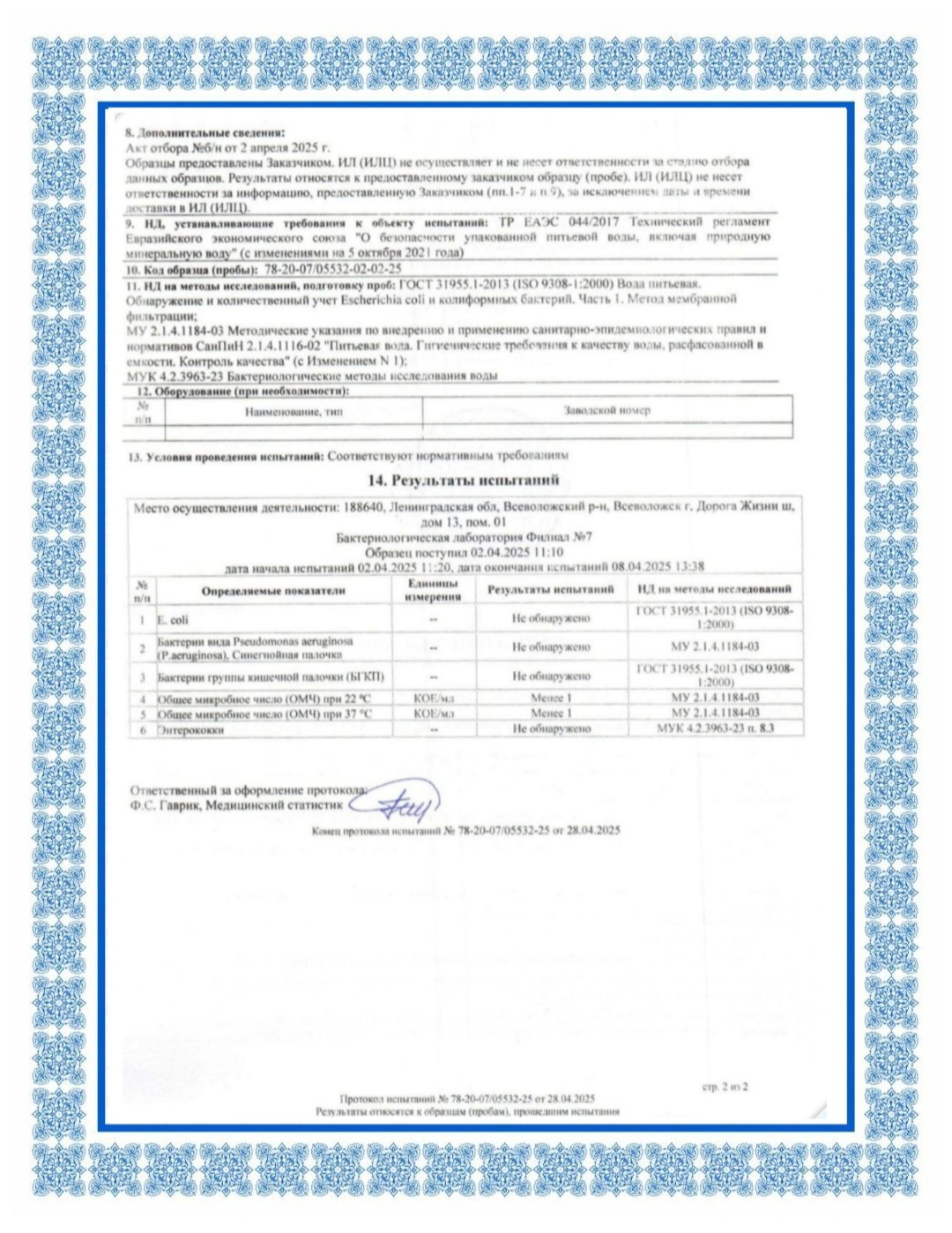 "Пей!" - Протокол полного хим. анализа воды - стр. 2 "Пей!" - Протокол полного хим. анализа воды - стр. 2